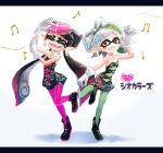 2girls :d black_hair callie_(splatoon) closed_eyes cousins detached_collar earrings eyebrows fangs food food_on_head gloves grin hair_rings highres jewelry letterboxed long_hair marie_(splatoon) mask mole mole_under_eye multiple_girls musical_note object_on_head open_mouth orange_eyes pantyhose pointy_ears samidare_(okayou) short_hair silver_hair smile splatoon sushi tentacle_hair thick_eyebrows white_gloves