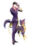  1boy absurdres artist_name baka2000 black_shoes brown dated formal green_eyes hair highres liepard mask mask_removed necktie outstretched_arm personification pokemon pokemon_(creature) purple_pants purple_suit shoes suit white_background yellow_necktie 