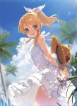  1girl 6u_(eternal_land) ayase_eli bare_arms bare_shoulders blonde_hair blue_eyes blue_sky butterfly clouds coconut dappled_sunlight dress hair_ribbon hat hat_removed headwear_removed looking_at_viewer love_live!_school_idol_project open_mouth palm_tree ponytail ribbon sky sleeveless sleeveless_dress smile solo straw_hat sundress thighs tree white_dress wind_lift 