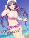  1girl bikini breasts green_eyes highres long_hair love_live!_school_idol_project mihatarou natsuiro_egao_de_1_2_jump! purple_hair smile solo swimsuit toujou_nozomi twintails 