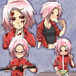  1girl bespectacled blood blood_on_face blush chopsticks cuts dango eating fighting_stance food food_in_mouth glasses hair_ornament hairclip hand_on_hilt hina_(yatagarasu) injury katana moriya_(pixiv599372) noodles nosebleed pink_eyes pink_hair sheath sheathed short_hair solo sword track_jacket wagashi weapon yatagarasu_(game) 