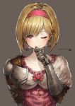  1girl benitama blonde_hair character_request gauntlets granblue_fantasy hairband looking_at_viewer one_eye_closed red_eyes smile solo 