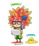  1girl anemo_(splatoon) black-framed_glasses blue_eyes clownfish eyeshadow fish glasses hair_ornament headphones headphones_around_neck inkling kumano_(splatoon) makeup orange_legwear pink_hair short_hair splatoon squid star_hair_ornament tentacle_hair translation_request twitter_username yamamoto_kana_(kusukusu) 