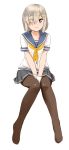  1girl between_legs blue_eyes eyes_visible_through_hair gloves hair_ornament hair_over_one_eye hairclip hamakaze_(kantai_collection) hand_between_legs highres kantai_collection knees_together_feet_apart neckerchief no_shoes ojipon pantyhose pleated_skirt school_uniform serafuku short_hair silver_hair sitting skirt v_arms white_background 