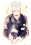  1boy apron coffee earrings grey_hair higeneko_(pluie) jean_pierre_polnareff jewelry jojo_no_kimyou_na_bouken solo steam 