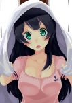  1girl absurdres agano_(kantai_collection) baffu black_hair blanket blush breasts casual cleavage collarbone d: green_eyes highres kantai_collection long_hair looking_at_viewer open_mouth pink_shirt shirt short_sleeves solo upper_body 