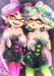 2girls callie_(splatoon) cousins detached_collar dress earrings food food_on_head gloves green_legwear highres jewelry marie_(splatoon) multiple_girls nallck object_on_head open_mouth orange_eyes pantyhose pointy_ears purple_legwear splatoon strapless_dress sushi unitard white_gloves