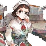  1girl brown_eyes brown_hair capelet glasses hand_on_hip itomugi-kun kantai_collection pince-nez roma_(kantai_collection) short_hair turret upper_body wavy_hair white_background 