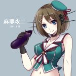  1girl bare_shoulders beret black_gloves blue_eyes brown_hair character_name choker colis_(regunm772) crop_top dated eggplant gloves hat headgear kantai_collection looking_at_viewer maya_(kantai_collection) midriff mini_hat navel remodel_(kantai_collection) short_hair simple_background smile solo upper_body 