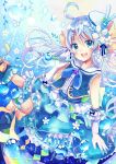  1girl absurdres blue_eyes blue_hair bubble gloves hat highres long_hair niikura_kaori open_mouth original smile solo underwater 