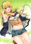  1girl blonde_hair breasts green_eyes headphones hoshii_miki idolmaster idolmaster_one_for_all jacket large_breasts long_hair marukome01 midriff navel off_shoulder open_clothes open_jacket open_mouth shirt shorts smile solo v very_long_hair vest 