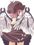  1girl :d bird_wings brown_eyes dress dress_lift frilled_dress frills from_behind hat jagabutter looking_at_viewer looking_back mystia_lorelei open_mouth pink_hair short_hair smile touhou wings 