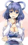  1girl bare_shoulders blue_eyes blue_hair blush breast_hold breasts cleavage detached_sleeves fingers_to_mouth hair_rings kaku_seiga large_breasts long_hair looking_at_viewer open_mouth smile solo touhou upper_body yohane 