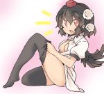  1girl :o bird_wings black_hair black_legwear blush breasts collared_shirt dressing hat legs odochin open_mouth panties pink_panties pom_pom_(clothes) shameimaru_aya shirt short_hair sitting solo surprised thigh-highs tokin_hat touhou underwear wings 