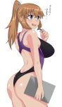  1girl ass bare_shoulders blue_eyes breasts brown_hair charlotte_e_yeager competition_swimsuit highres huge_breasts long_hair maru_(maruttona) one-piece_swimsuit simple_background smile solo strike_witches swimsuit translation_request whistle white_background 
