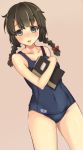  1girl black_eyes black_hair book braid highres isonami_(kantai_collection) kantai_collection long_hair open_mouth payot ribbon school_swimsuit smile solo swimsuit 