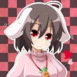  1girl ahoge animal_ears black_hair checkered checkered_background evandragon heart inaba_tewi jewelry pendant rabbit_ears red_eyes short_hair solo touhou 