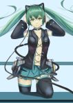  1girl absurdres belt black_legwear blue_background cat_ear_headphones collarbone cowboy_shot detached_sleeves green_eyes green_hair gy_(l964625780) hands_on_headphones hatsune_miku headphones highres jewelry long_hair looking_at_viewer necklace no_bra simple_background skirt small_breasts smile solo thigh-highs twintails very_long_hair vocaloid zettai_ryouiki 