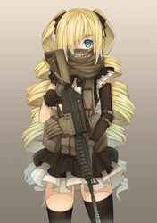  1girl absurdres artist_request assault_rifle blonde_hair blue_eyes gloves gun hair_over_one_eye highres long_hair m4_carbine original rifle scarf solo thigh-highs twintails vest weapon 