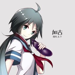  1girl bangs black_hair character_name colis_(regunm772) dated eggplant green_eyes hair_ornament hairclip kako_(kantai_collection) kantai_collection long_hair looking_at_viewer messy_hair neckerchief parted_bangs ponytail sailor_collar school_uniform serafuku simple_background smile solo 