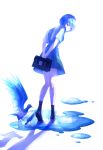  1girl arms_behind_back ayanami_rei bag bird blue_hair full_body highres loafers looking_back mephvll neon_genesis_evangelion puddle red_eyes school_bag school_uniform shadow shoes short_hair short_sleeves simple_background socks solo white_background 