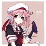  1girl beret black_gloves black_serafuku character_name colis_(regunm772) dated eggplant gloves gradient_hair hair_ornament hairclip harusame_(kantai_collection) hat kantai_collection looking_at_viewer multicolored_hair neckerchief pink_hair remodel_(kantai_collection) sailor_collar school_uniform serafuku side_ponytail simple_background smile solo upper_body 