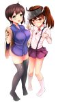  2girls absurdres blush breasts brown_eyes brown_hair highres japanese_clothes kaga_(kantai_collection) kantai_collection kuku123 large_breasts long_hair multiple_girls ruler ryuujou_(kantai_collection) short_hair side_ponytail simple_background thigh-highs twintails visor_cap 