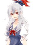  1girl :d blush breasts cleavage dress flying_sweatdrops hat highres kamishirasawa_keine long_hair open_mouth red_eyes shy silver_hair six_(fnrptal1010) smile solo sweatdrop touhou upper_body very_long_hair 