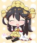  1girl :d ^_^ animal_on_head bare_shoulders bird black_hair black_legwear chibi chick closed_eyes detached_sleeves haruna_(kantai_collection) headgear kantai_collection long_hair nontraditional_miko open_mouth smile solo thigh-highs tsukko_(3ki2ne10) twitter_username wide_sleeves 