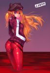  1girl blue_eyes evangelion:_3.0_you_can_(not)_redo eyepatch hands_in_pockets hat jacket jjune long_hair looking_at_viewer looking_back neon_genesis_evangelion orange_hair plugsuit rebuild_of_evangelion shikinami_asuka_langley solo souryuu_asuka_langley test_plugsuit 