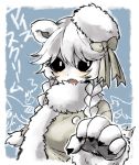  1girl bear black_sclera blush bow claws fangs fur_coat fur_hat hair_bow hat ice_scream looking_at_viewer monster_girl open_mouth polar_bear porupu rocma_(ice_scream) solo standing translation_request twintails white_hair white_pupil 