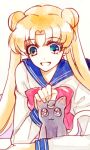  1girl :d akatsuki_(yaneura_alice) bishoujo_senshi_sailor_moon blonde_hair bow cat crescent double_bun long_hair long_sleeves luna_(sailor_moon) open_mouth petting school_uniform smile tsukino_usagi twintails 