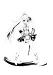  boots character_request dress eien_no_aselia fang highres long_hair monochrome naofumi_takase open_mouth panties ponytail ribbon salute sheath sheathed short_dress sleeveless smile sword underwear very_long_hair weapon 