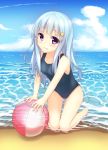  1girl ball beach beachball blue_hair highres long_hair original school_swimsuit senifu swimsuit violet_eyes 