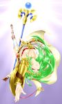  1girl absurdres armor bangs bare_shoulders belt bracelet breasts choker cleavage dress green_eyes green_hair high_heels highres hottiku jewelry kid_icarus kid_icarus_uprising large_breasts long_hair looking_at_viewer mismatched_footwear multiple_belts necklace palutena parted_lips pendant pole_dancing rope shield side_slit single_thighhigh smile solo staff strapless_dress swept_bangs thigh-highs tiara vambraces very_long_hair white_legwear 