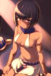  1girl armlet assal_(sennen_sensou_aigis) bare_shoulders big_wednesday blush bob_cut breasts brown_eyes dark_skin egyptian hair_ornament hairclip navel sennen_sensou_aigis short_hair sitting small_breasts 