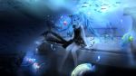  absurdres black_dress dress fish hatsune_miku highres magicians_(zhkahogigzkh) sitting twintails underwater 