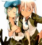  2girls aqua_eyes aqua_hair arm_around_neck beret blonde_hair braid character_request earrings hat hat_ribbon holding_hands jewelry long_hair looking_at_viewer military military_uniform multiple_girls necktie red_ribbon ribbon shibafu_(glock23) short_sleeves smile twin_braids twintails uniform violet_eyes 