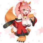  1girl animal_ear_fluff animal_ears animal_hands bell black_thighhighs bow breasts brown_eyes collar detached_sleeves fate/grand_order fate_(series) fox_ears fox_girl fox_tail gloves hair_between_eyes hair_bow highres japanese_clothes jingle_bell keita_naruzawa kimono large_breasts neck_bell one_eye_closed paw_gloves paw_shoes pink_hair ponytail red_bow red_kimono short_kimono solo tail tamamo_(fate) tamamo_cat_(fate) tamamo_cat_(first_ascension)_(fate) thigh-highs wide_sleeves 