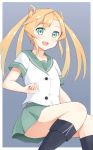  1girl abukuma_(kantai_collection) black_legwear blonde_hair commentary_request double_bun green_eyes hair_rings kantai_collection long_hair open_mouth school_uniform serafuku short_sleeves skirt solo sui_(tsuruhibiki) 