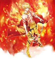  1boy armor blonde_hair ea_(fate/stay_night) earrings fate/hollow_ataraxia fate/stay_night fate_(series) fire gilgamesh jewelry red_eyes shirtless solo tattoo yepnean 