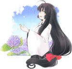  1girl ahoge black_hair brown_eyes flower japanese_clothes kantai_collection kenoka long_hair looking_at_viewer low-tied_long_hair open_mouth plant ponytail rain ribbon shouhou_(kantai_collection) sky solo solo_focus very_long_hair 