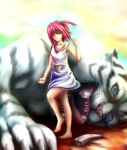  1girl animal bare_legs barefoot beast broken_tooth dress fang highres jewelry magi_the_labyrinth_of_magic morgiana necklace red_eyes redhead white_dress 