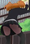  1girl black_legwear black_panties black_skirt from_behind from_below haruyama_kazunori orange_hair panties plaid plaid_skirt school_uniform short_hair skirt solo takahashi_aoi tesagure!_bukatsu-mono thigh-highs twintails underwear 