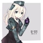  1girl black_dress blonde_hair blue_eyes character_name colis_(regunm772) cropped_jacket dated dress eggplant garrison_cap gloves hat headgear kantai_collection long_hair looking_at_viewer military military_uniform pale_skin puffy_sleeves smile solo u-511_(kantai_collection) uniform 