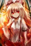 1girl bamboo bamboo_forest bow fire forest fujiwara_no_mokou hair_bow highres long_hair maho_moco nature red_eyes shirt solo suspenders touhou white_hair white_shirt 