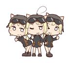  3girls ;d ;p abigail_(strike_witches) animal_ears blonde_hair goggles goggles_on_head hand_on_hip hand_on_shoulder hat marilyn_(strike_witches) military military_uniform multiple_girls no_pants one_eye_closed open_mouth patricia_(strike_witches) smile strike_witches tongue tongue_out uniform 