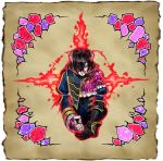  1girl black_hair bloodstained:_ritual_of_the_night brown_hair concept_art detached_sleeves gauntlets gradient_hair hair_between_eyes hair_ornament looking_at_viewer miriam_(bloodstained) multicolored_hair natsume_yuji official_art red_eyes short_hair solo stained_glass 