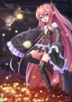  bat boots detached_sleeves dress fangs full_moon highres krul_tepes lantern long_hair moon night outdoors owari_no_seraph pink_hair red_eyes short_dress sleeves_past_wrists small_breasts smile thigh-highs thigh_boots twintails two_side_up vampire very_long_hair wings 