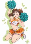  1girl blush boots brown_hair cheering cheerleader diane_(nanatsu_no_taizai) eyelashes hair_ornament hair_ribbon happy itsuki_(otsugei) long_hair looking_at_viewer nanatsu_no_taizai navel one_eye_closed open_mouth ribbon shirt skirt smile solo twintails violet_eyes 